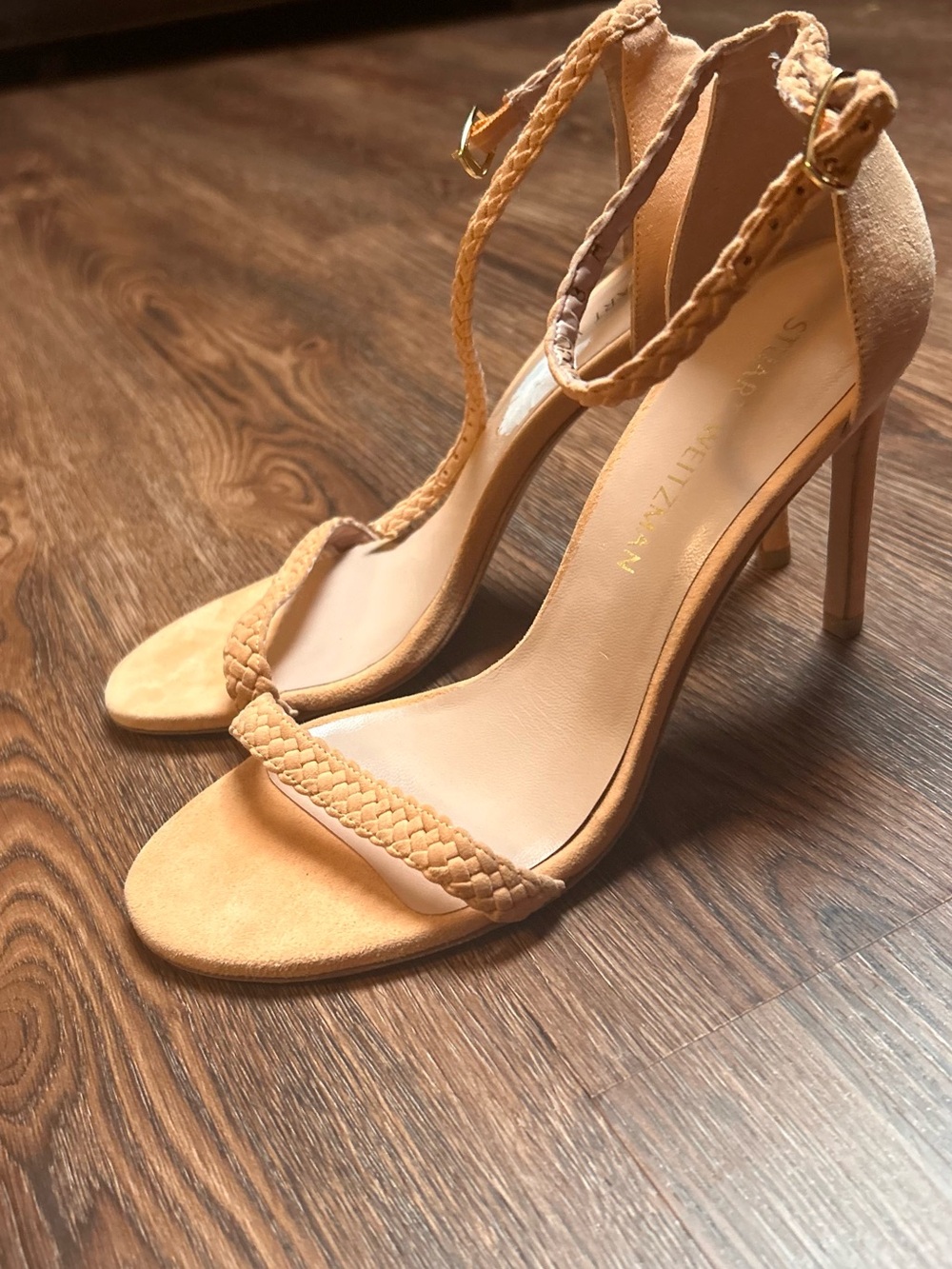 Stuart Weitzman Braided Ankle-Strap Heels in Tan Suede